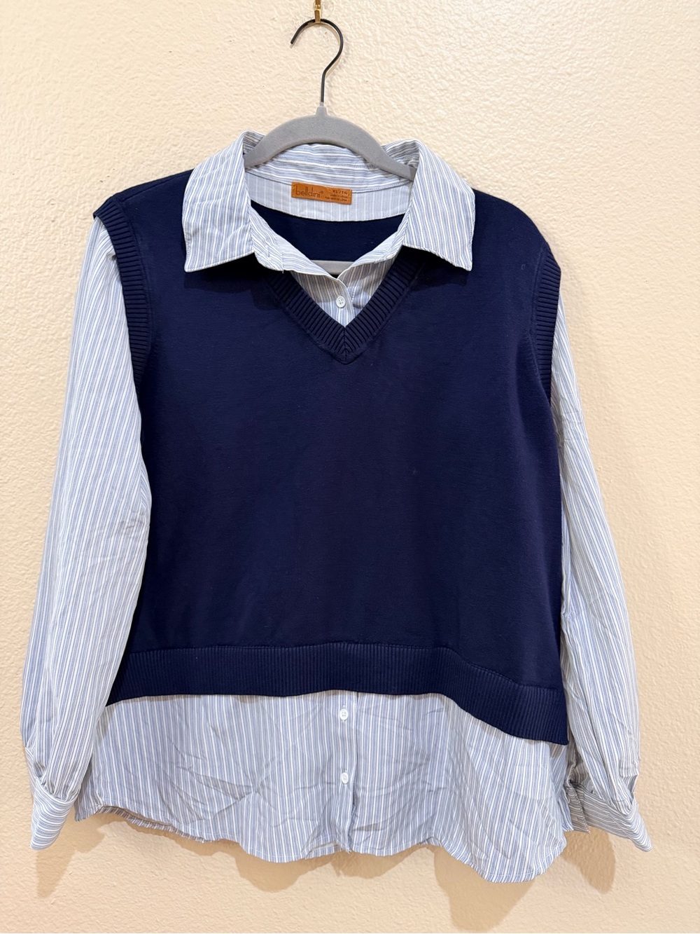 Belldini 2-in-1 Layered Sweater Vest Shirt Combo Top Navy Blue Striped Size XL